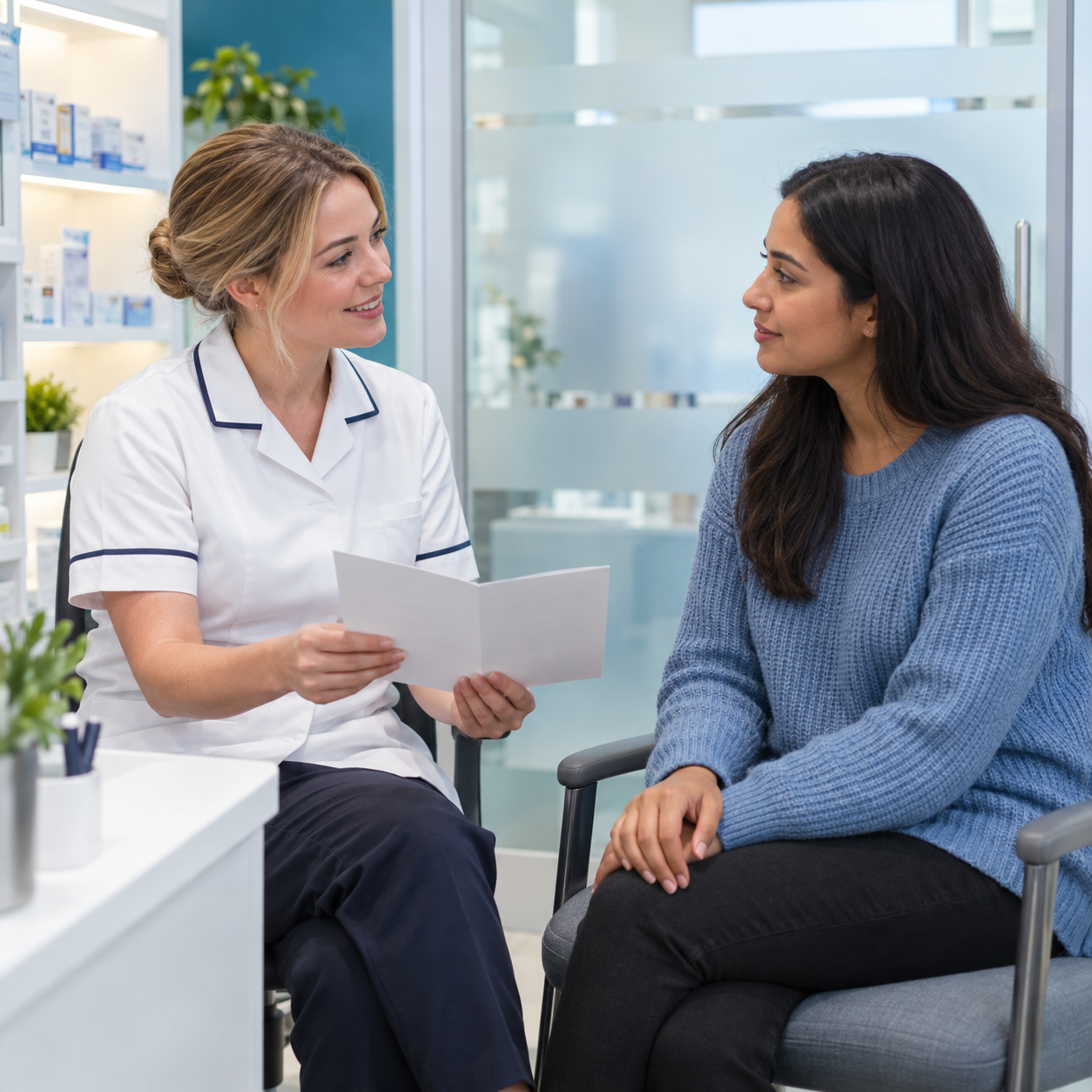 Confidential NHS contraception consultation with a pharmacist