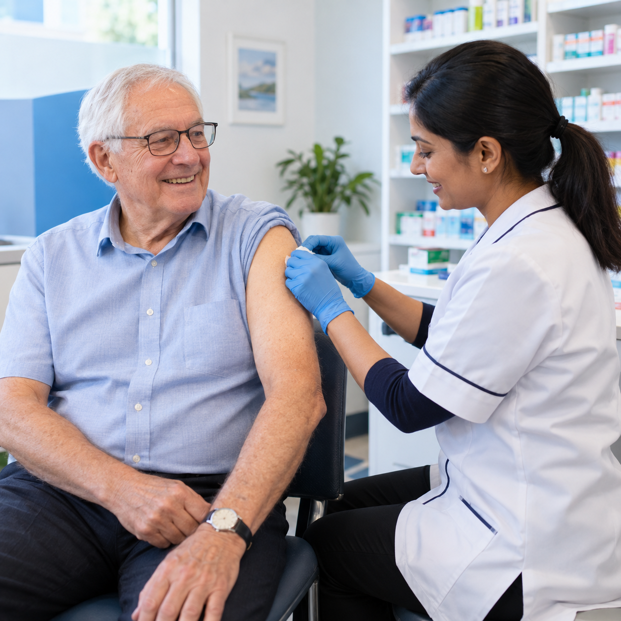 Older patient receiving an NHS flu vaccination from a pharmacist